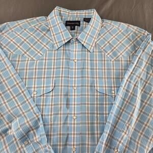 Panhandle Slim Mens Pearl Snap Long Sleeve Western Shirt Blue Plaid 17 1/2 x 34